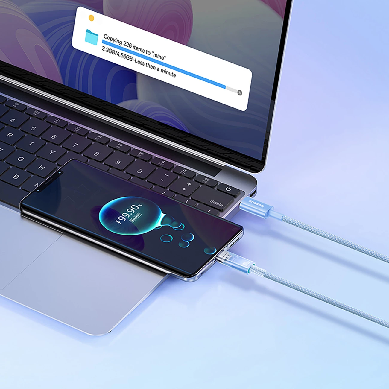 USB-C kabel za hitro polnjenje in prenos Baseus Explorer 2 m, 100W, senzor temperature, moder