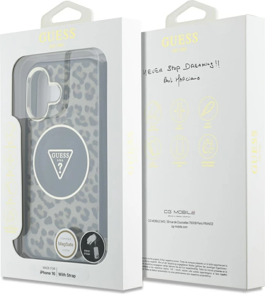 Ovitek za telefon z leopardjim vzorcem in trakom za nošenje, MagSafe, iPhone 16 — Guess HC IML, rjav