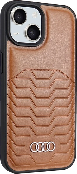 Ovitek za telefon za iPhone 15/14/13, umetno usnje, MagSafe, rjav, Audi