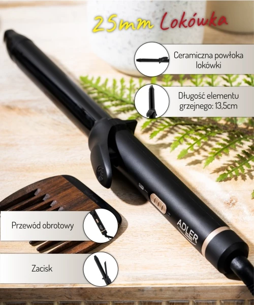 Kodralnik za lase, keramičen 25 mm, Adler AD 2115, 45 W, črn z zlatimi elementi