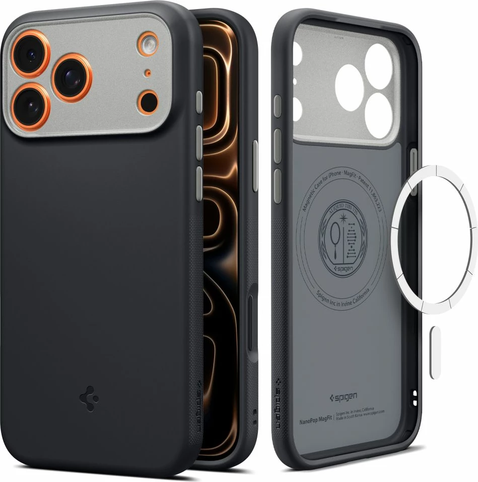 Ovitek za telefon Spigen Nano Pop MagSafe za iPhone 17 Pro Max, poliuretan, MagSafe, ojačani robovi, dvignjen okvir kamere, črn