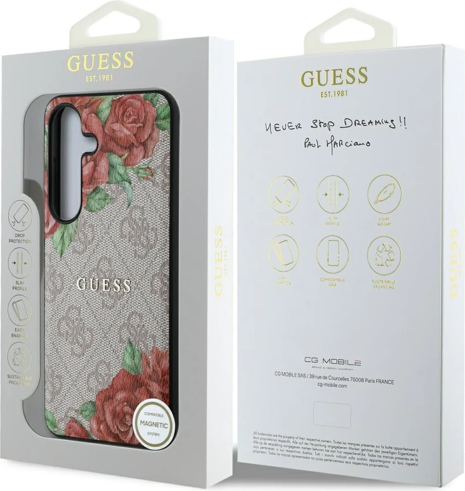 Ovitek za telefon z rožnim potiskom, MagSafe — Guess Leather 4G, kovinski klasični logotip, za Samsung Galaxy S25, rožnat