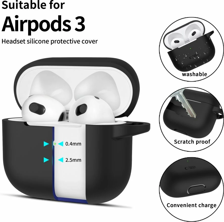Ovitek iz silikona za AirPods 3, s karabinerjem, črn, Tech-Protect