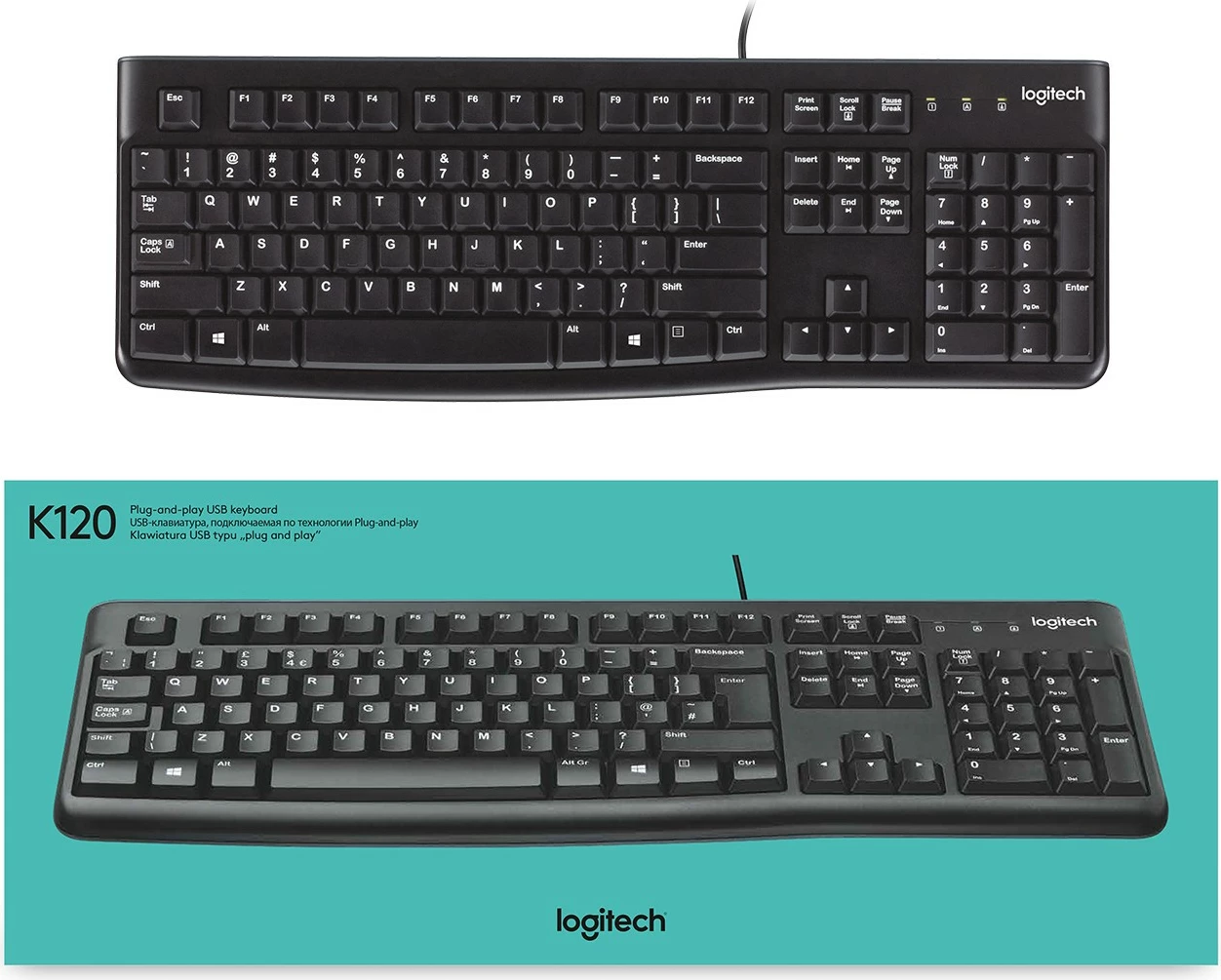 Tipkovnica polne velikosti z žico, USB, AZERTY, črna Logitech K120