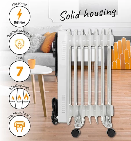 Oljni radiator 7 reber, 1500 W, 3 stopnje ogrevanja, Adler 7815, bel