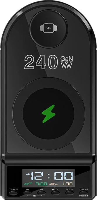 Budilka s polnilno postajo 10‑v‑1, BlitzWolf BW-FW10, 4x USB-C + 2x USB-A, 2 brezžični polnili (telefon 15W + pametna ura 5W), PD 3.1 do 240W, črna