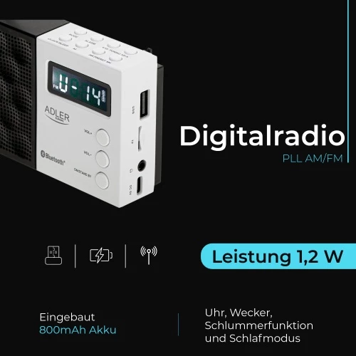 Digitalni radio PLL AM/FM, Adler AD 1908, Bluetooth 5.0, USB/SD, 20 postaj, zaslon LCD, 1,2 W, baterija 800 mAh, bela in črna