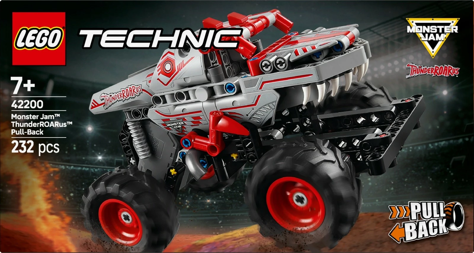 Set za sestavljanje LEGO Technic Monster Jam ThunderROARus 42200, 232 delov, z vlečnim mehanizmom (pull-back)