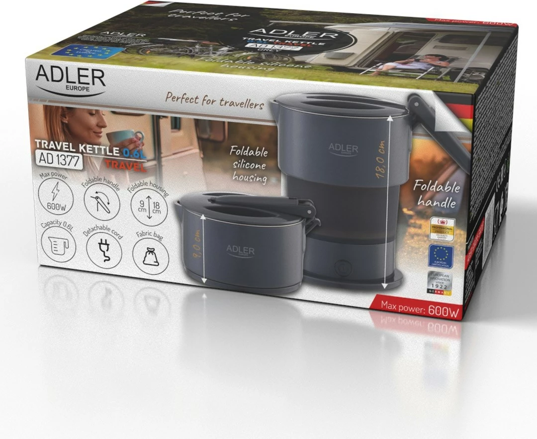 Električni grelnik vode Adler AD 1377g, silikonski, 0,6 L, siv