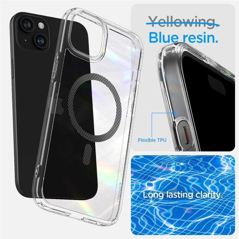 Ovitek za telefon Spigen Ultra Hybrid MagSafe za iPhone 15 Plus, prozoren/siv (carbon)