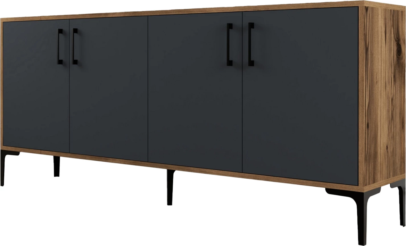 Bufet iz melamina v barvi oreha z vrati v ogleno sivi barvi 180x35x78H cm FH9428.01