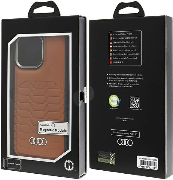 Ovitek za telefon iz umetnega usnja, MagSafe, rjav, Audi, iPhone 15 Pro Max
