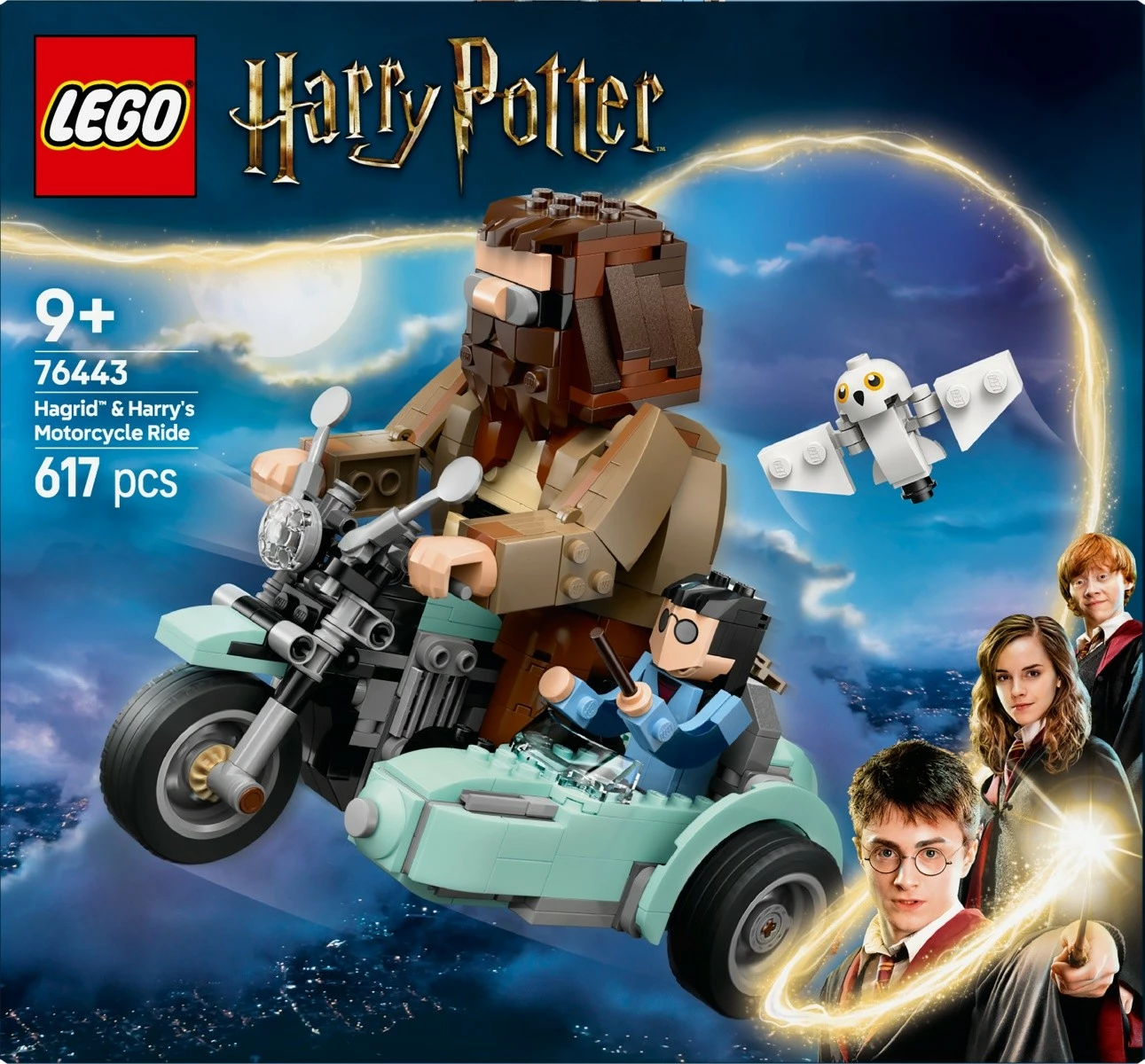 Motočiklet z bočnim vozilom Hagrid & Harry, set LEGO Harry Potter 76443, 617 kosov, plastika