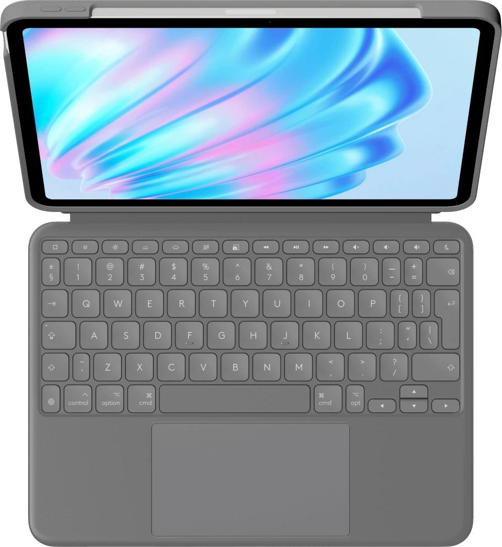 Zavitek s tipkovnico Logitech Combo Touch, QWERTY US International, drsna ploščica, sivo oxford
