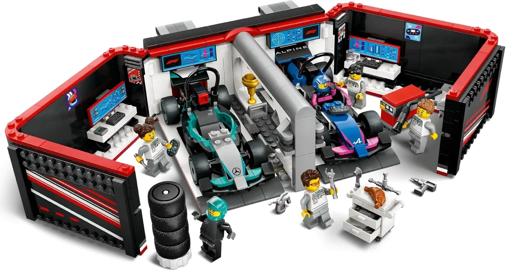 F1 garaža in dirkalna avtomobila Mercedes‑AMG in Alpine, LEGO City 60444