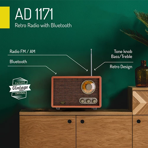 Retro radio Adler AD 1171, Bluetooth 5.0, AM/FM, zvočnik 3.0" 1 W RMS, barva lesa