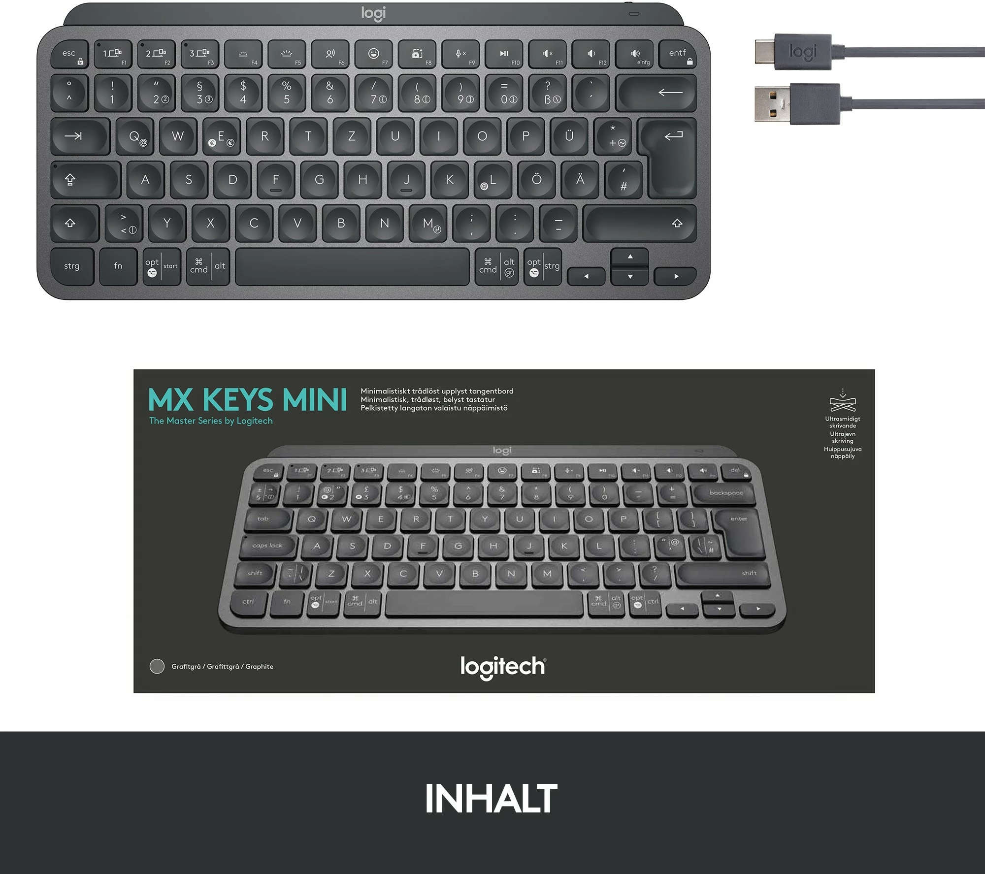 Mini tastatura Logitech MX Keys Mini, brez brezžična, LED, QWERTY, grafit