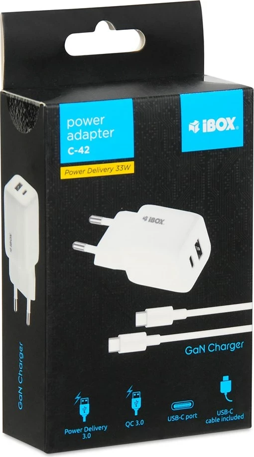 Kompakten bel zidni polnilec GaN 33W PD, iBOX C-42