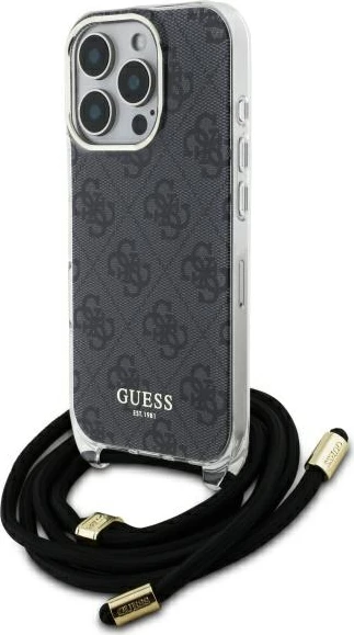 Elegantna zaščitna prevleka z crossbody trakom Guess Crossbody Cord 4G Print za iPhone 16 Pro Max, črna