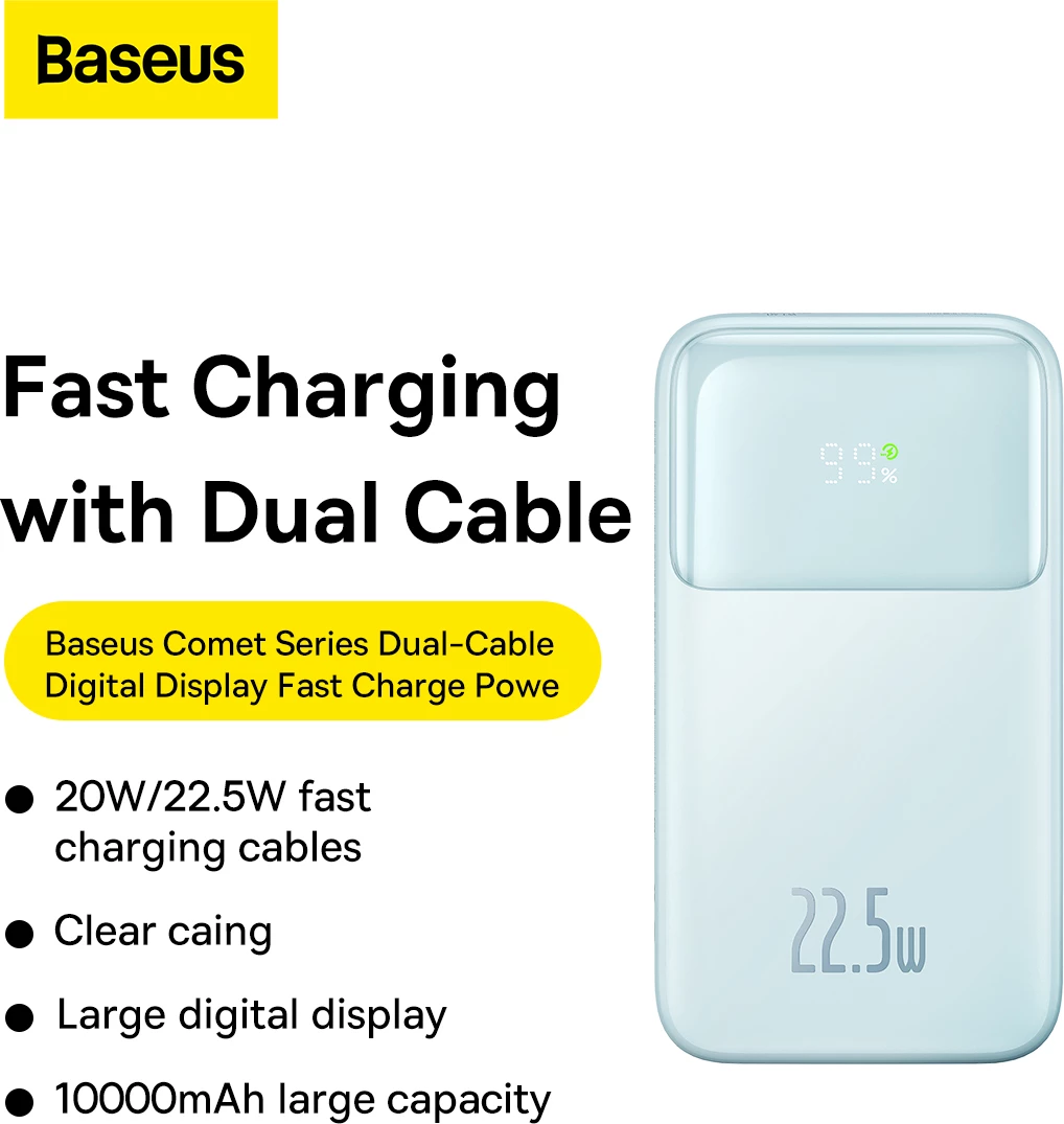 Powerbank, 10.000 mAh, 22,5 W, z zaslonom, USB-C/Lightning/USB-A, modra – Baseus Comet Series PPMD020003 + kabel USB-A na USB-C 0,3 m, bel
