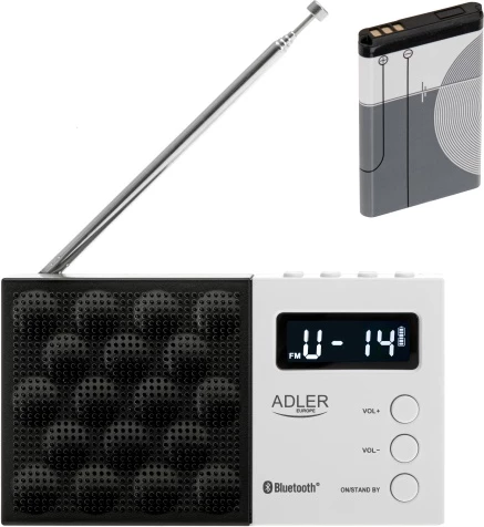 Digitalni radio PLL AM/FM, Adler AD 1908, Bluetooth 5.0, USB/SD, 20 postaj, zaslon LCD, 1,2 W, baterija 800 mAh, bela in črna