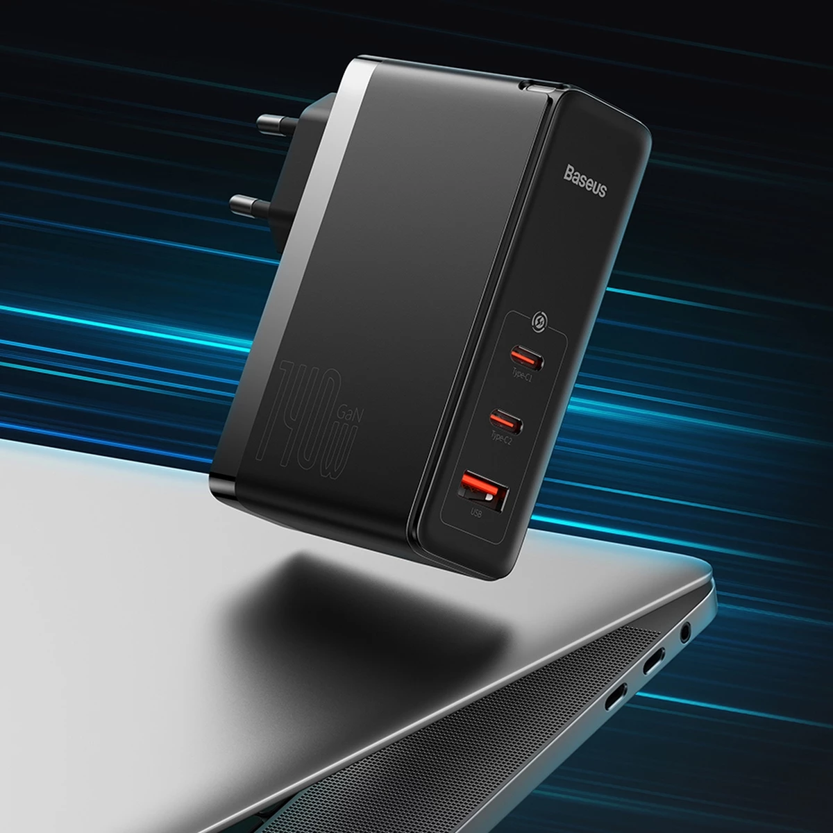 Hiter polnilec Baseus GaN5 Pro, 140 W, 2x USB-C + USB-A, EU, črn