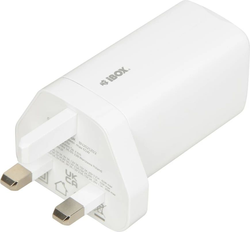 Univerzalni polnilec GaN 65 W, iBOX C-65, britanski vtič, bel