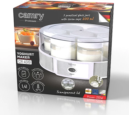 Proizvajalec jogurta Camry CR 4519, 7 kozarcev x 200 ml, 20 W, 42°C, bel/srebrn