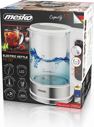 Električni čajnik iz stekla Mesko MS1301, 1,7 L, nadzor temperature, LED, bel