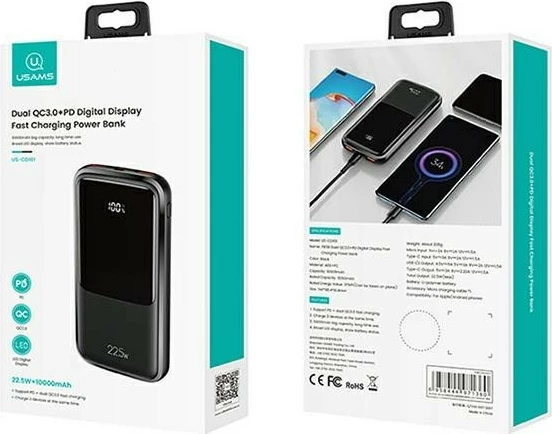 Prenosna baterija 10.000 mAh, 22,5 W, PD + QC 3.0, črna - USAMS PB58