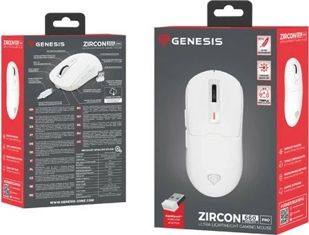 Ergonomski brezžični igralni miš Genesis Zircon 660 Pro, 26.000 DPI, 6 gumbov, bela