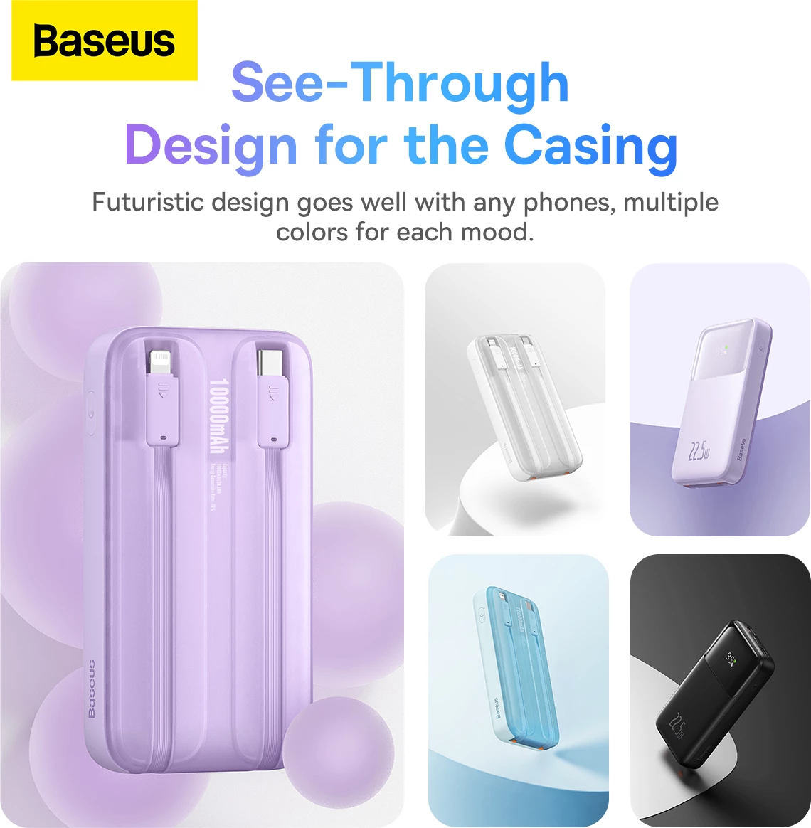 Powerbank, 10.000 mAh, 22,5 W, z zaslonom, USB-C/Lightning/USB-A, modra – Baseus Comet Series PPMD020003 + kabel USB-A na USB-C 0,3 m, bel