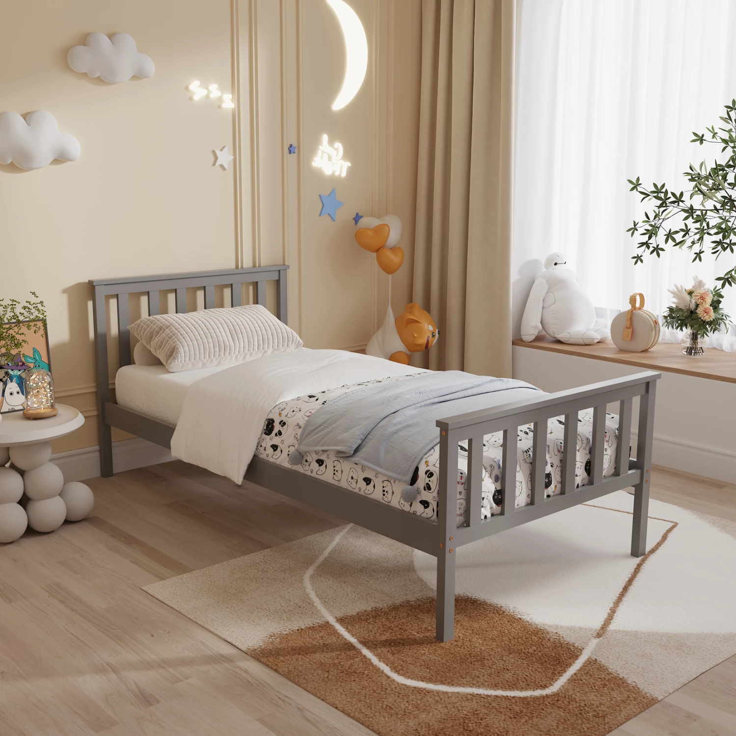 Postelja GIMLY FH675.05 iz masivnega borovega lesa v sivi barvi za vzmetnico 190x90 cm