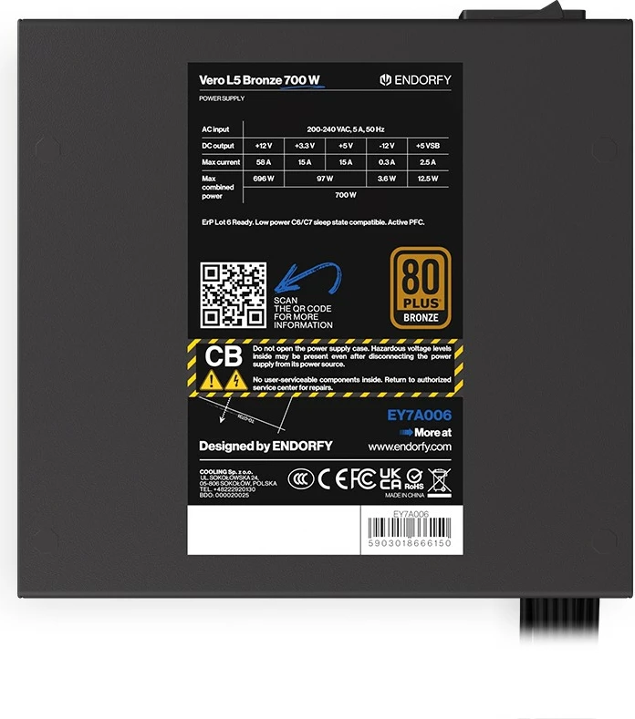 Napajalnik Endorfy Vero L5 Bronze 700 W, 80 PLUS Bronze, črn