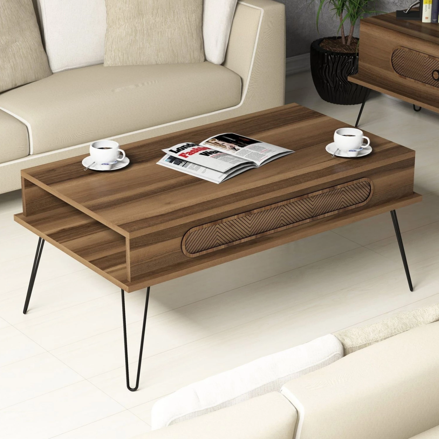 Klubska mizica iz melamina FH9500.02 v barvi oreha - kovinske noge 105x56x45.8Hcm
