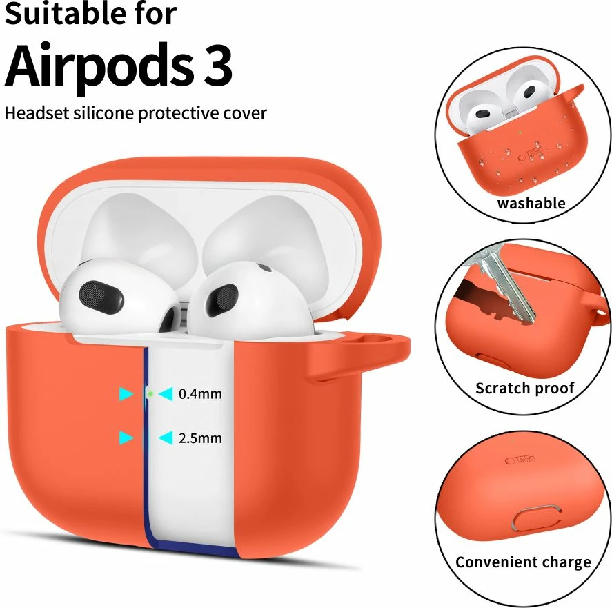 Silikonska torbica za AirPods 3 z obeskom karabiner, Tech-Protect, oranžna