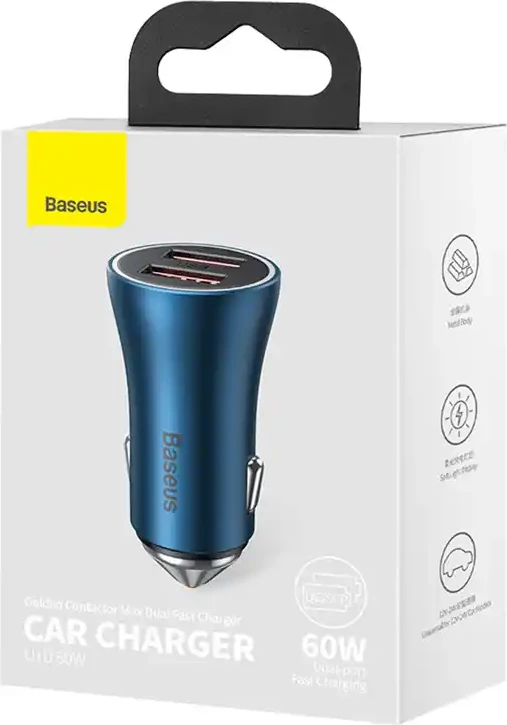 Avtomobilski polnilec Baseus Golden Contactor Max CGJM000003, 2x USB Type-A, 60W, podpora QC/PD/SCP, moder