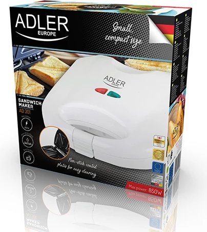 Sendvič toster, Adler AD 301, 750 W, nelepljive plošče, 4 trikotne kose, bel