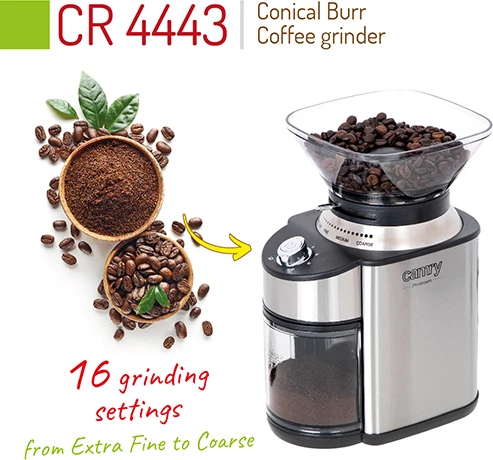 Mlinček za kavo s koničnim brusnim mehanizmom, Camry CR 4443, 200 W, 16 stopenj mletja, posoda 230 g, nerjaveče jeklo, srebrno/črn