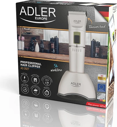 Strižnik Adler AD 2827, Li-Ion 2200 mAh, 5 ur, keramično/titanijasto rezilo, 2 hitrosti, 4 glavniki 3–12 mm, bel