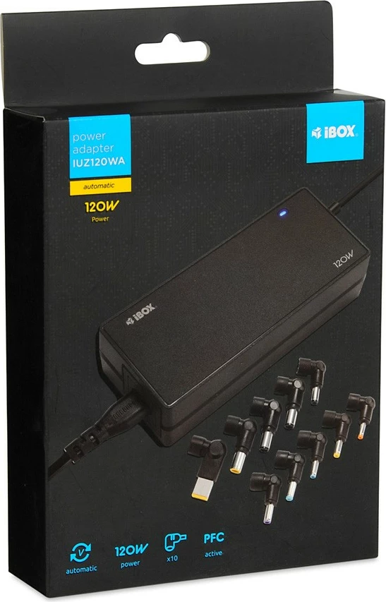 Universalni napajalnik za prenosnik iBOX IUZ120WA, 120W, 10 konektorjev, črn