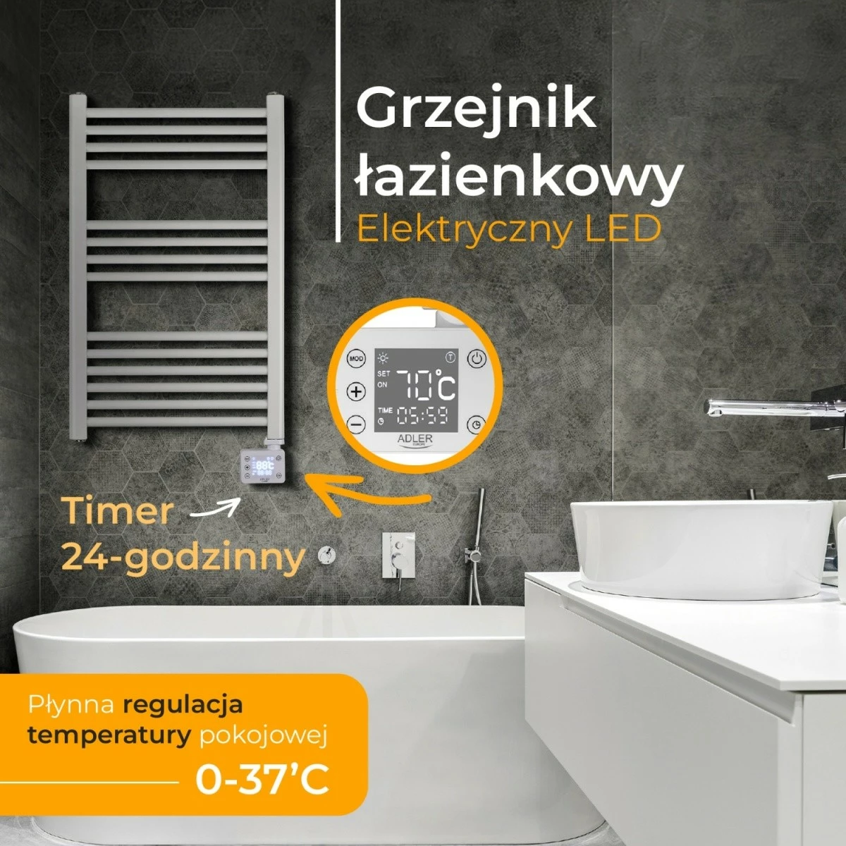 Električni kopalniški radiator z LED, Adler AD 7824, 600 W, 50×90 cm, 24-urni timer, IP24, bel