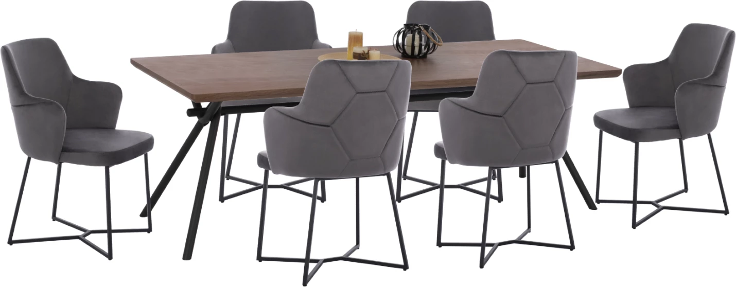 Jedilni set 7 kosov miza MDF orehov les furnir in naslanjači žamet siva FH10638