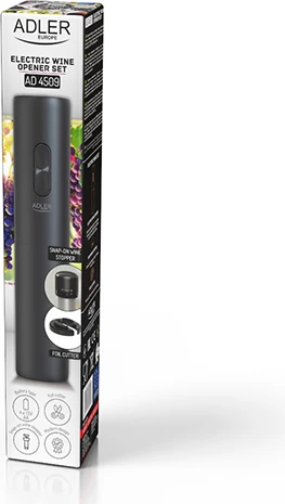 Električni odpirač za vino Adler AD 4509, z rezilom folije in zamaškom, za zamaške 20–24 mm, na 4xAA, črn, komplet