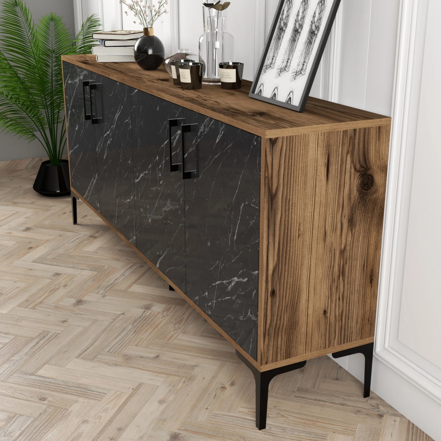 Bife FH9428.03 melamin oreh z vrati v videzu črnega marmorja 180x35x78H cm
