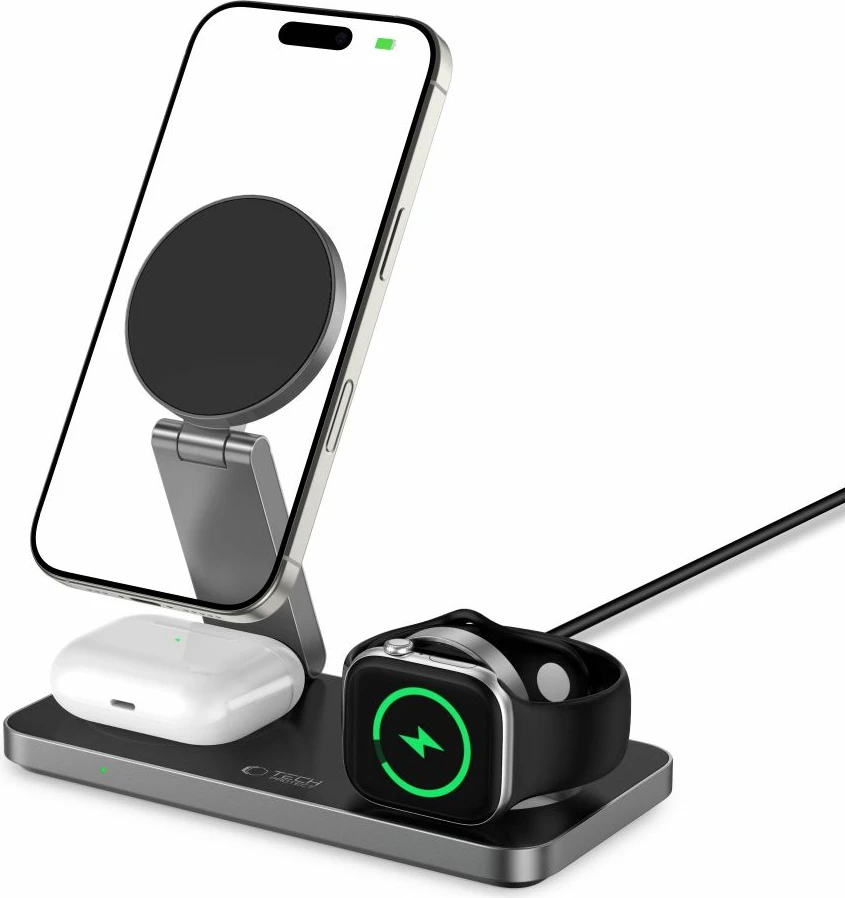 Indukcijski polnilec 3-v-1 Tech-Protect QI15W-A47 z MagSafe, USB-C, črn
