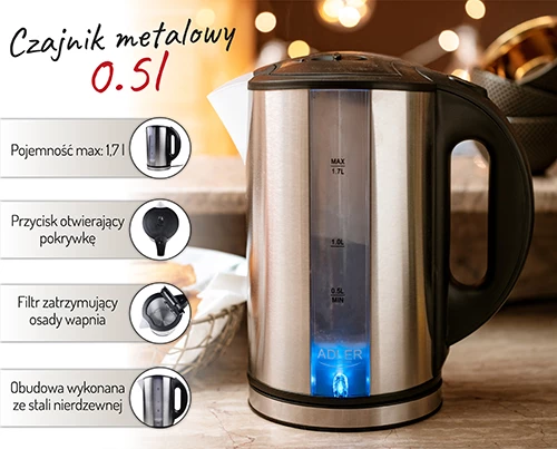 Električni grelnik vode Adler AD 1216, 1,7 L, 1850–2200 W, inox