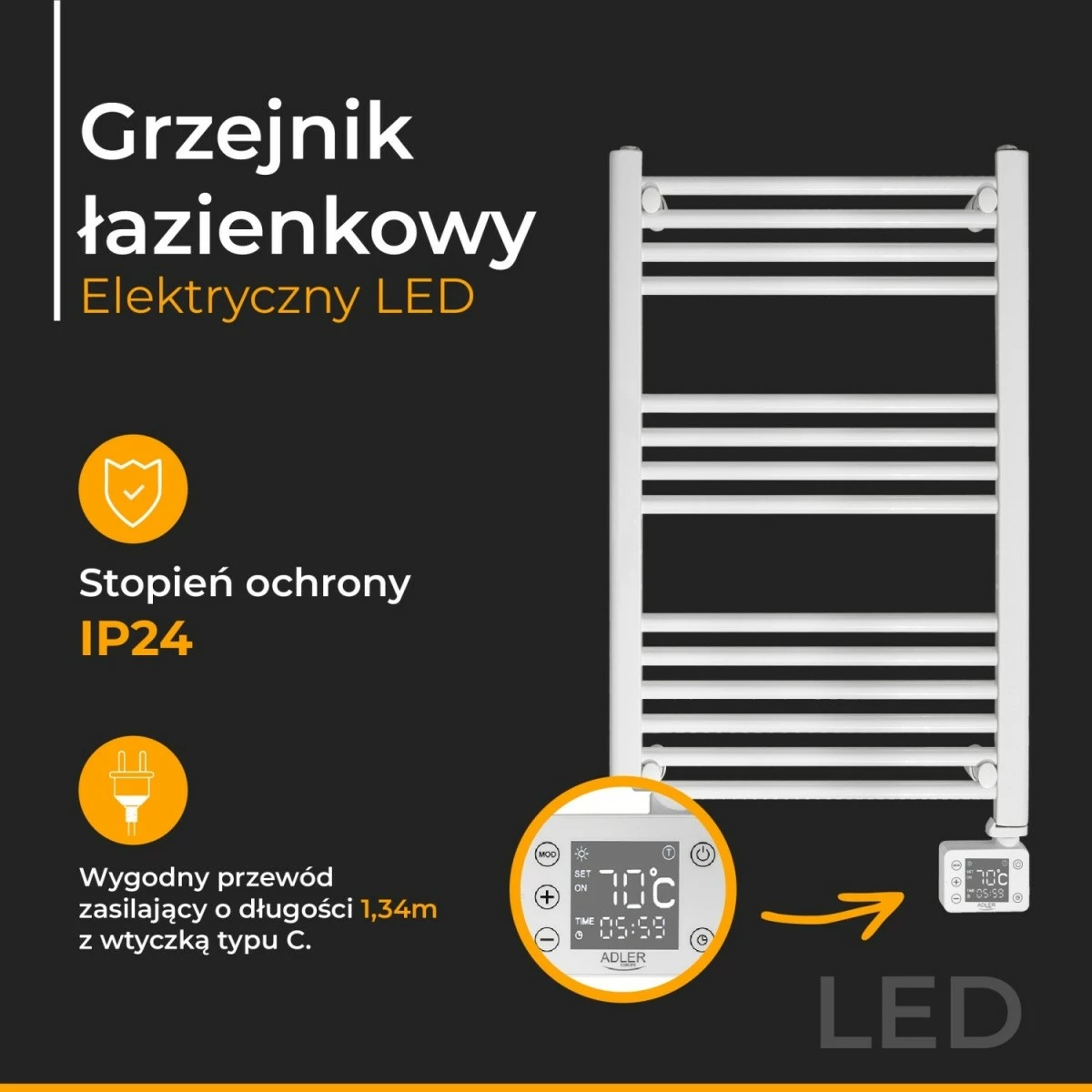 Električni kopalniški radiator z LED, Adler AD 7824, 600 W, 50×90 cm, 24-urni timer, IP24, bel