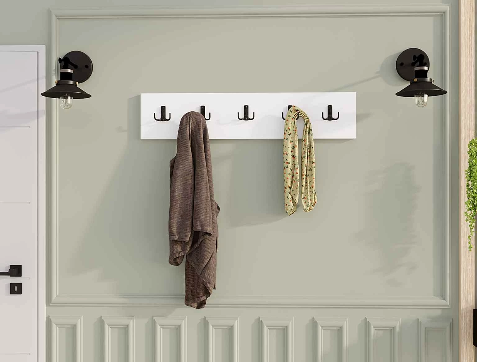 Stenski obešalnik s petimi kljukami, bel, Hanah Home