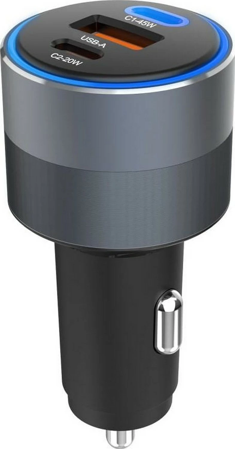 Avtomobilski polnilec, Forcell F-ENERGY Alu, 2x USB-C + USB-A, PD QC4.0 SFC2.0, 65W, sive barve